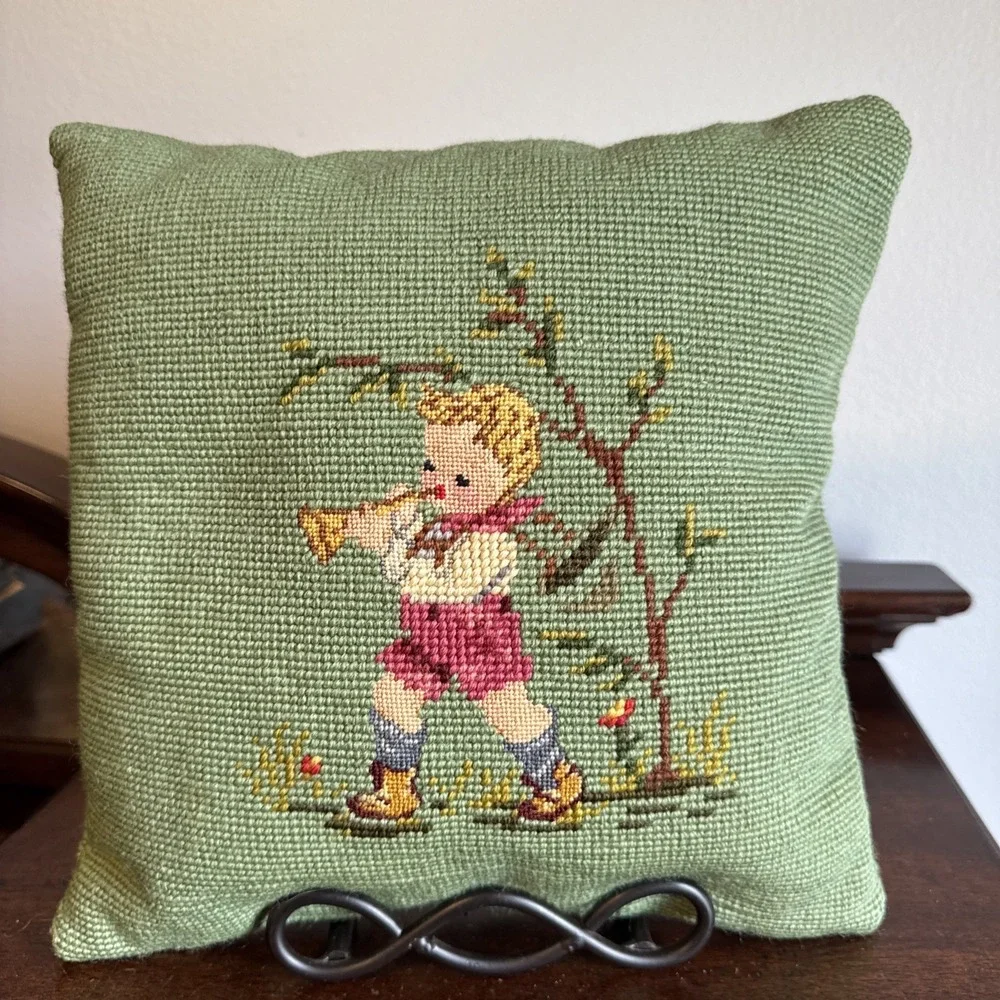 Double Sided Needlepoint Point Pillow Green Cottagecore Country Boy Girl VNTG